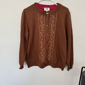 C&K Designs Brown Cardigan Sweater Women's Size Medium Fall Embroidery Leaves